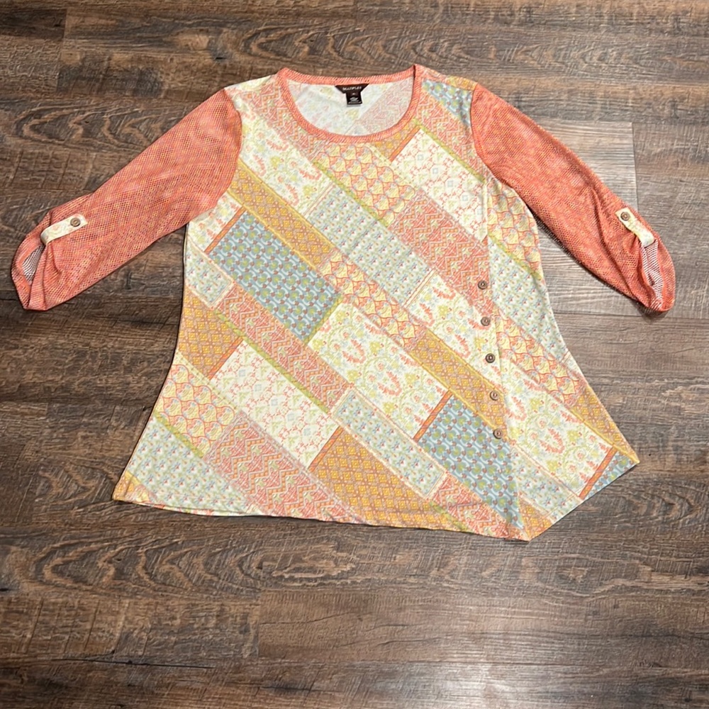 Multiples XL Mesh 3/4 Length Mesh Sleeve Top